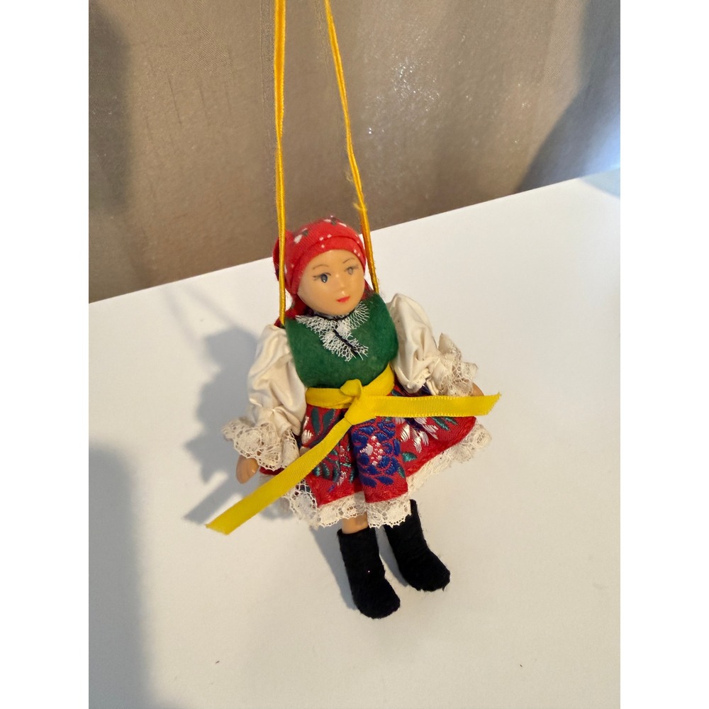 Vintage European Folk Art Doll Ornament Red Floral Lace Traditional Costume